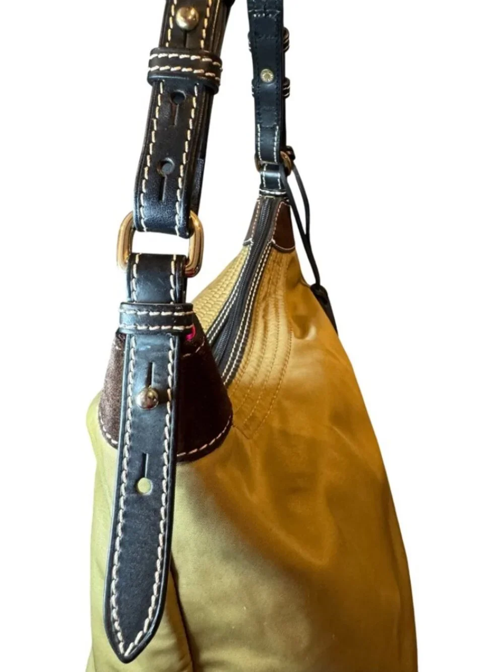 Dooney & Bourke Erica Large Hobo Bag Gold Nylon Brown Suede Trim Shoulder Bag